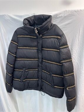 Black Puffer Jacket with Gold Chain Trim - Women's Coat